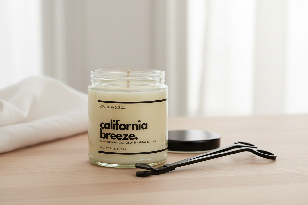 Candle care image - California Breeze and wick trimmer without smoke